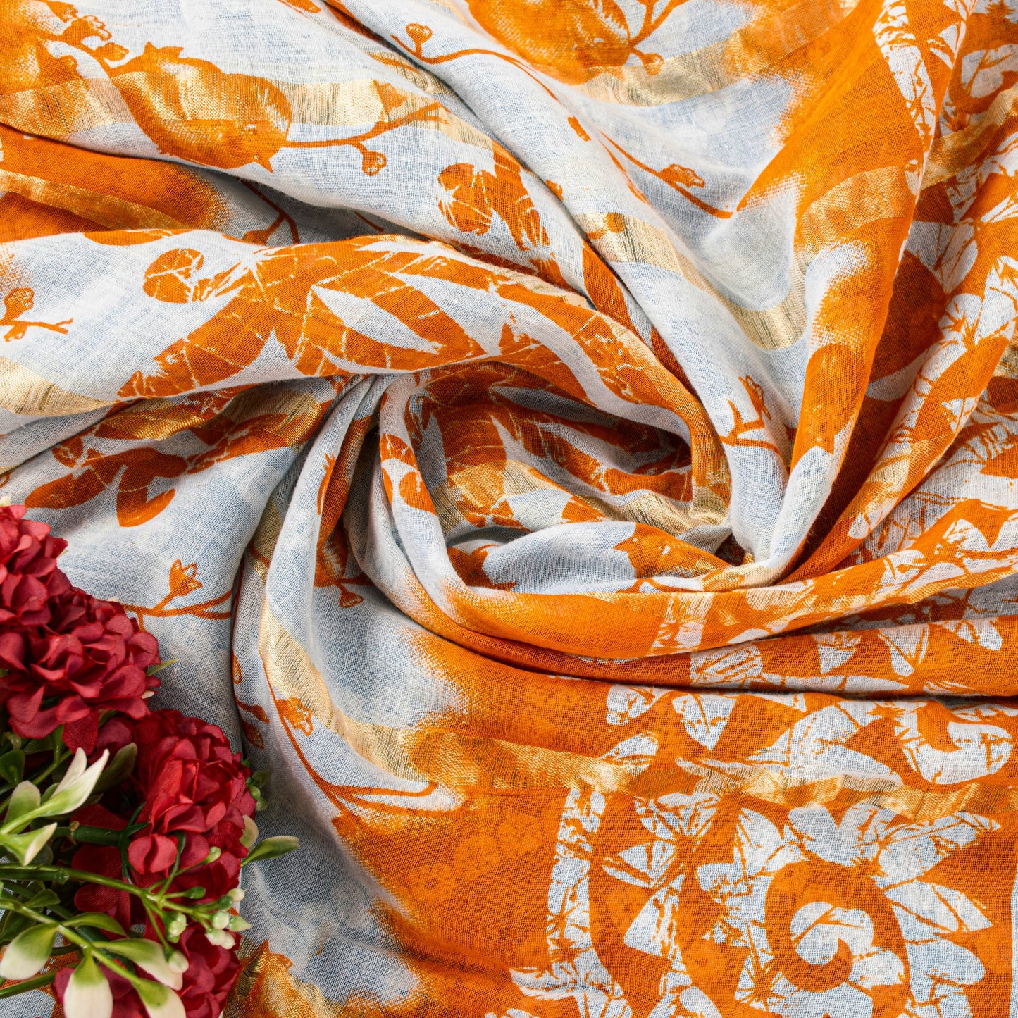 Sanskriti Vintage Blue-Orange Pure Cotton Sarees Bandhani Batik Print 5YD Fabric