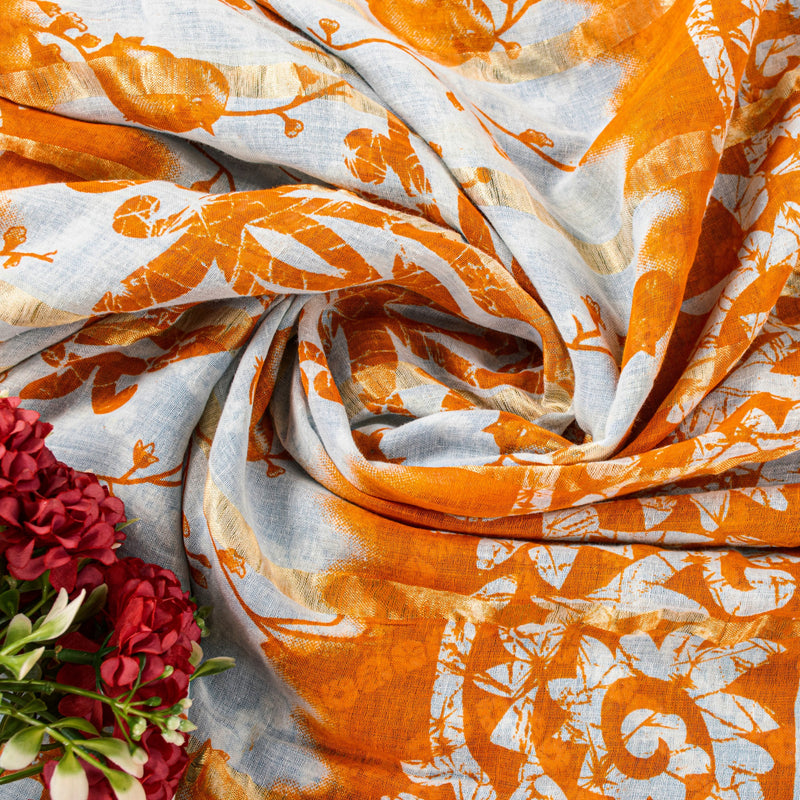 Sanskriti Vintage Blue-Orange Pure Cotton Sarees Bandhani Batik Print 5YD Fabric