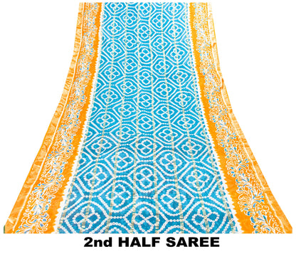 Sanskriti Vintage Blue-Orange Pure Cotton Sarees Bandhani Batik Print 5YD Fabric