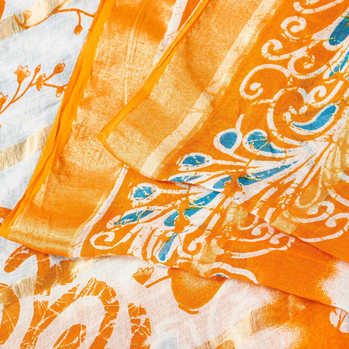 Sanskriti Vintage Blue-Orange Pure Cotton Sarees Bandhani Batik Print 5YD Fabric