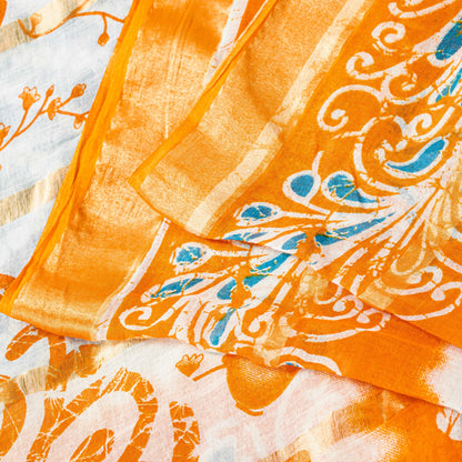 Sanskriti Vintage Blue-Orange Pure Cotton Sarees Bandhani Batik Print 5YD Fabric