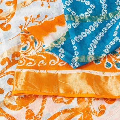 Sanskriti Vintage Blue-Orange Pure Cotton Sarees Bandhani Batik Print 5YD Fabric