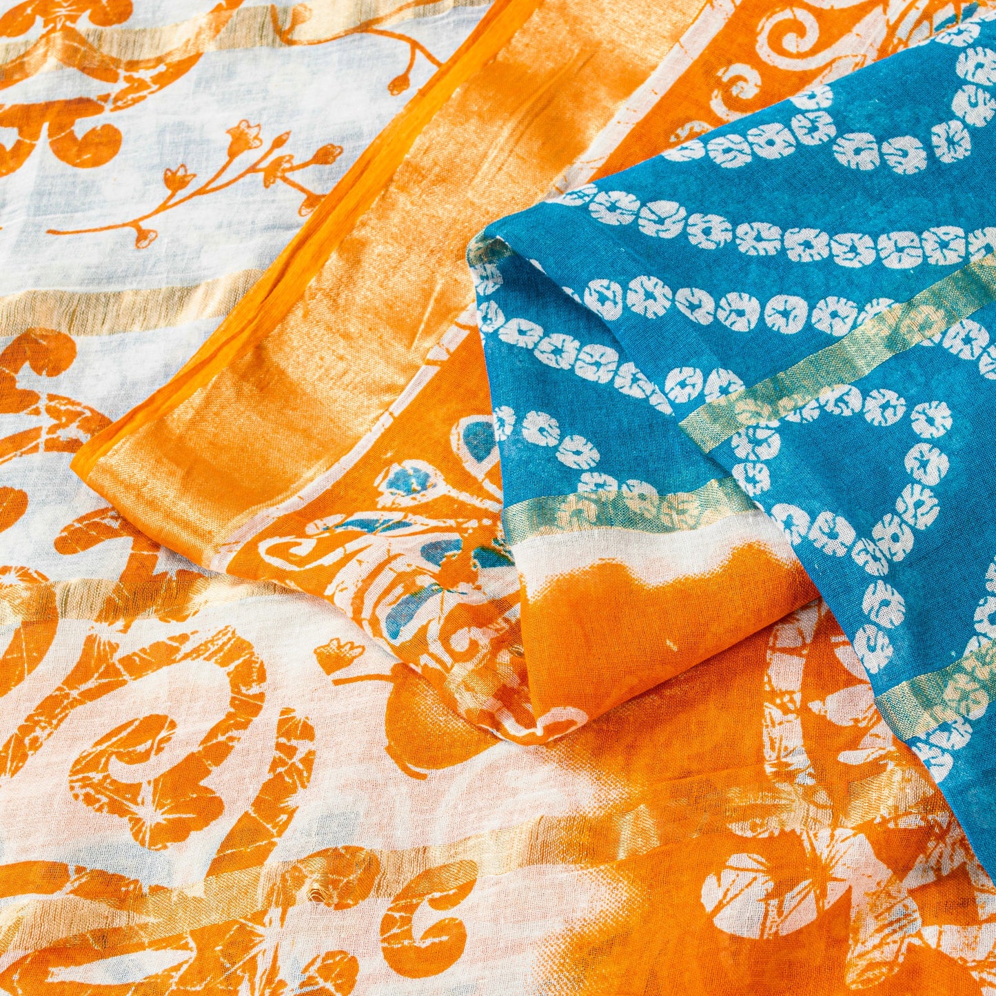 Sanskriti Vintage Blue-Orange Pure Cotton Sarees Bandhani Batik Print 5YD Fabric