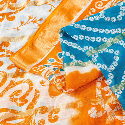 Sanskriti Vintage Blue-Orange Pure Cotton Sarees Bandhani Batik Print 5YD Fabric