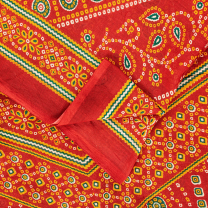 Sanskriti Vintage Red Pure Cotton Sarees Bandhani Print Fabric 5+YD Gujrat Sari
