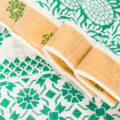Sanskriti Vintage Green-White Pure Cotton Sarees 5.5+YD Fabric Hand Block Print