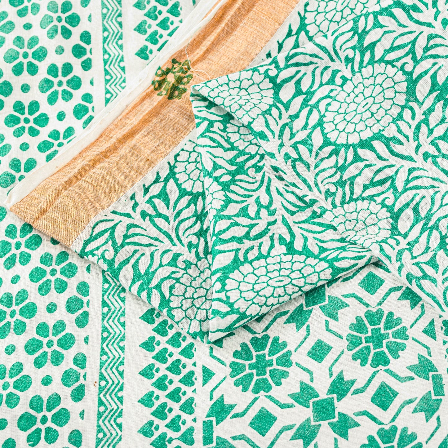 Sanskriti Vintage Green-White Pure Cotton Sarees 5.5+YD Fabric Hand Block Print