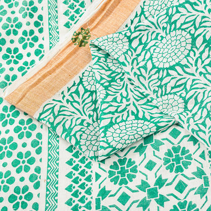 Sanskriti Vintage Green-White Pure Cotton Sarees 5.5+YD Fabric Hand Block Print