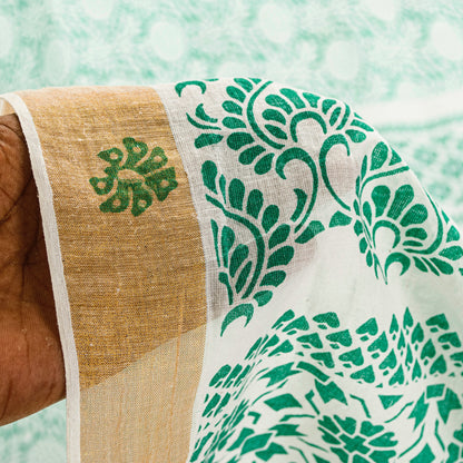 Sanskriti Vintage Green-White Pure Cotton Sarees 5.5+YD Fabric Hand Block Print
