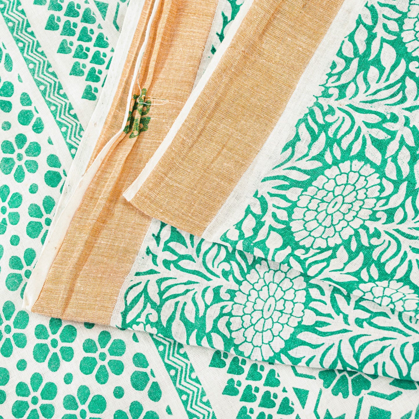 Sanskriti Vintage Green-White Pure Cotton Sarees 5.5+YD Fabric Hand Block Print