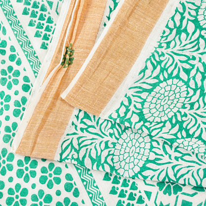 Sanskriti Vintage Green-White Pure Cotton Sarees 5.5+YD Fabric Hand Block Print