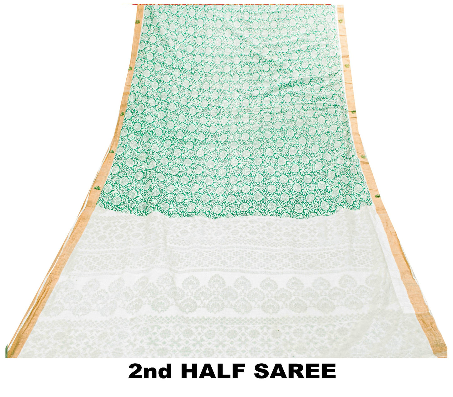 Sanskriti Vintage Green-White Pure Cotton Sarees 5.5+YD Fabric Hand Block Print