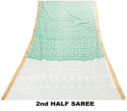 Sanskriti Vintage Green-White Pure Cotton Sarees 5.5+YD Fabric Hand Block Print