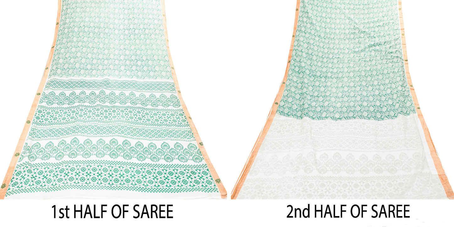 Sanskriti Vintage Green-White Pure Cotton Sarees 5.5+YD Fabric Hand Block Print