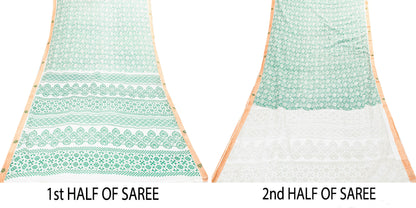 Sanskriti Vintage Green-White Pure Cotton Sarees 5.5+YD Fabric Hand Block Print