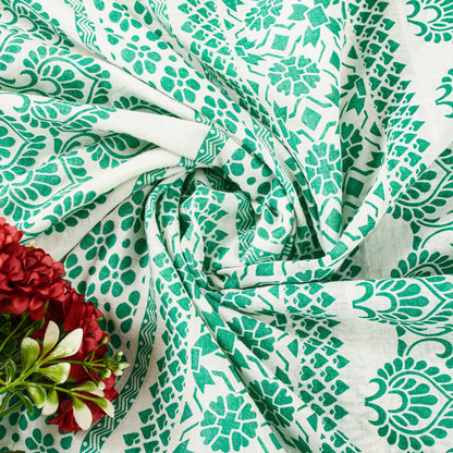 Sanskriti Vintage Green-White Pure Cotton Sarees 5.5+YD Fabric Hand Block Print
