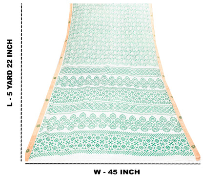 Sanskriti Vintage Green-White Pure Cotton Sarees 5.5+YD Fabric Hand Block Print