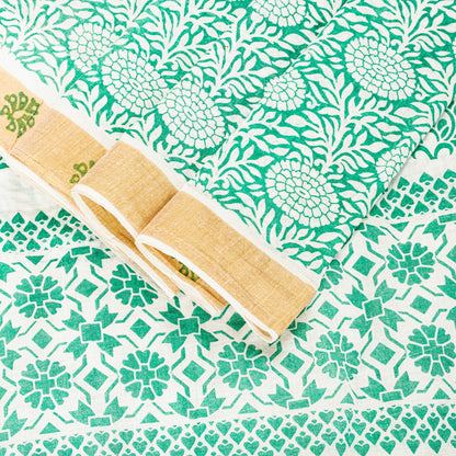 Sanskriti Vintage Green-White Pure Cotton Sarees 5.5+YD Fabric Hand Block Print