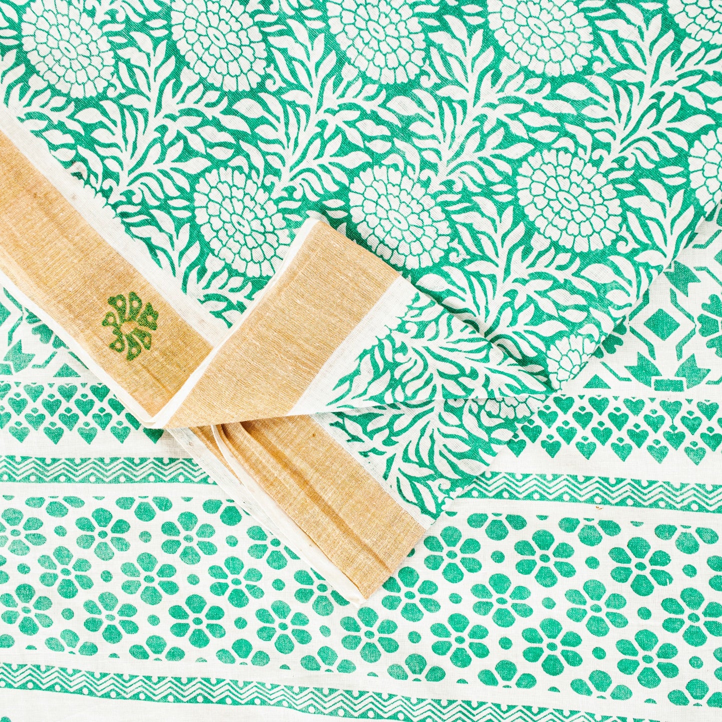 Sanskriti Vintage Green-White Pure Cotton Sarees 5.5+YD Fabric Hand Block Print