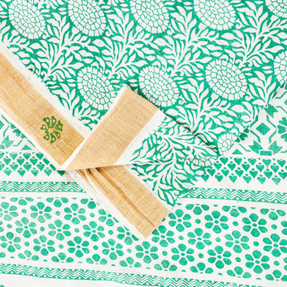 Sanskriti Vintage Green-White Pure Cotton Sarees 5.5+YD Fabric Hand Block Print