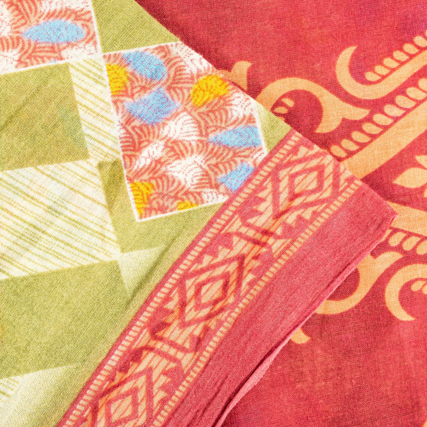 Sanskriti Vintage Green-Red Pure Cotton Sarees 5+ YD Fabric Floral Printed Sari