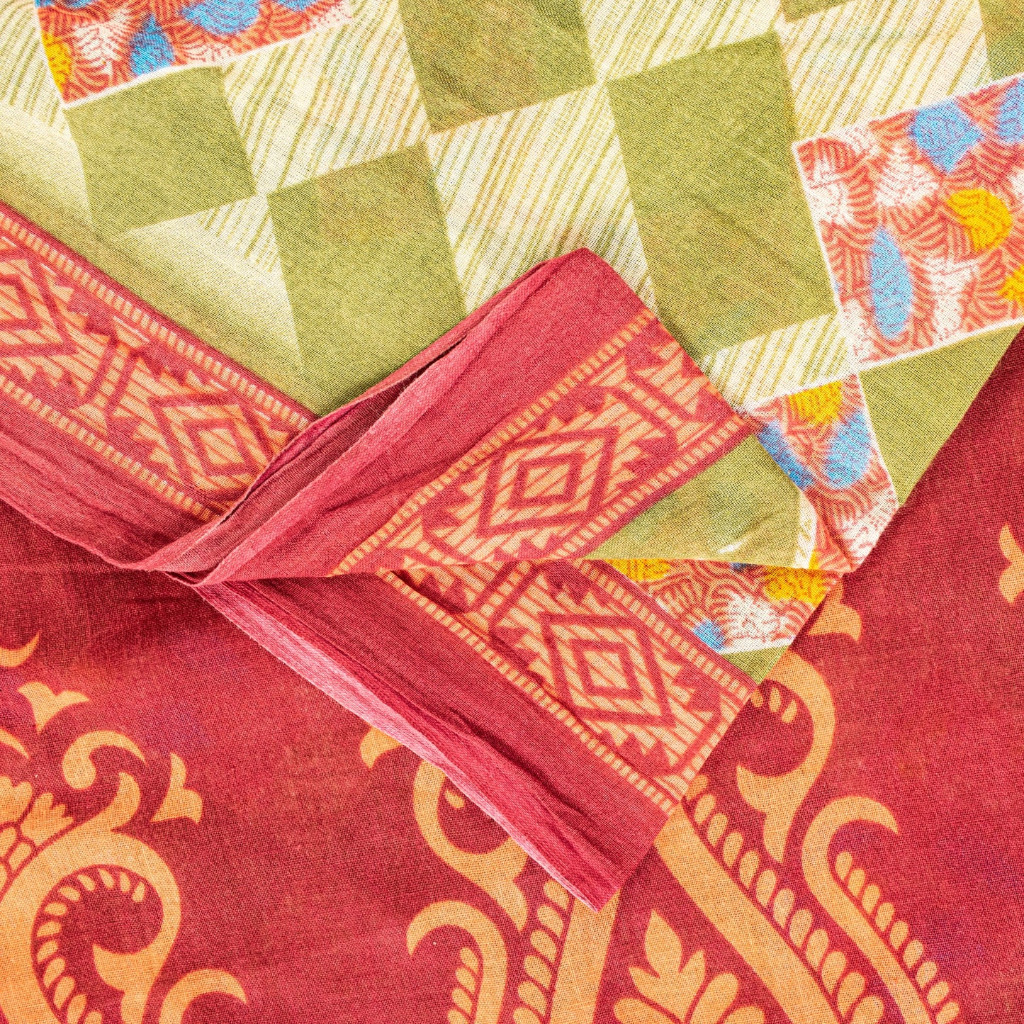 Sanskriti Vintage Green-Red Pure Cotton Sarees 5+ YD Fabric Floral Printed Sari
