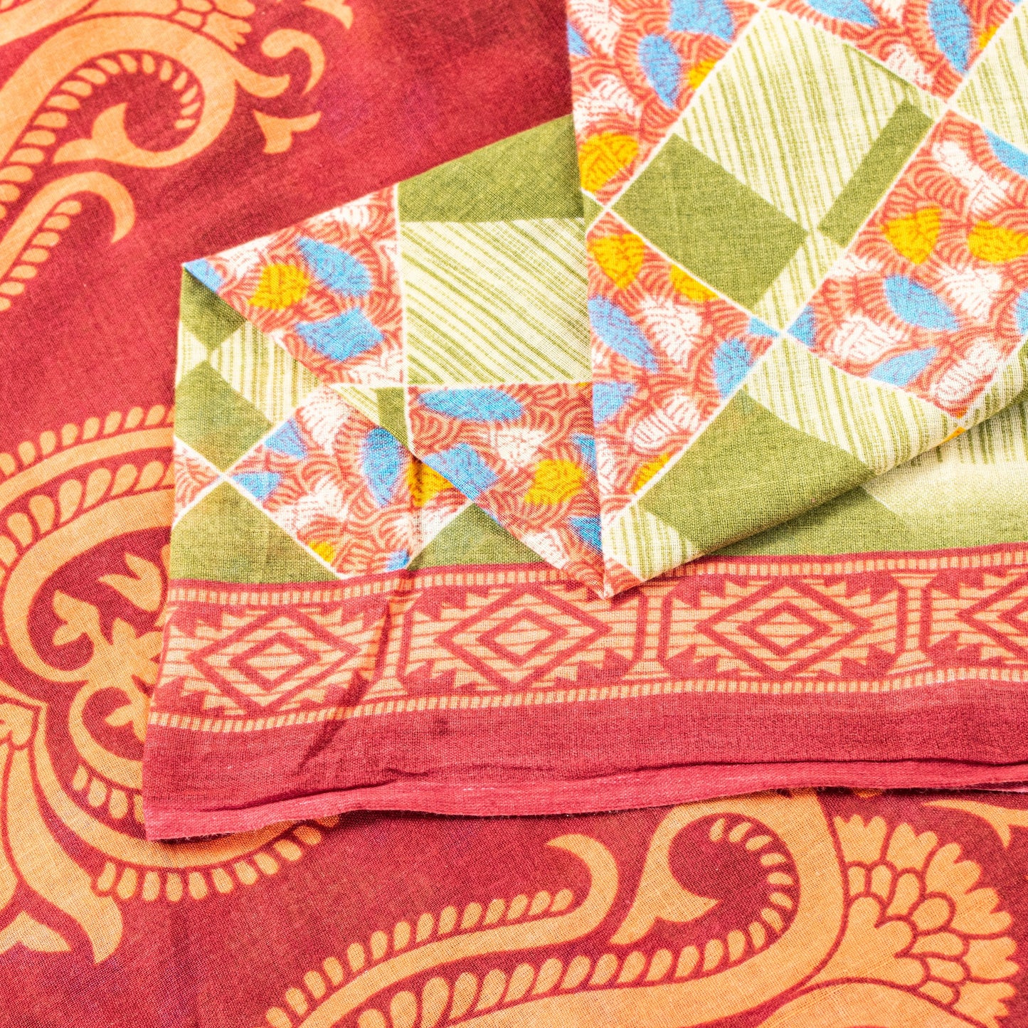 Sanskriti Vintage Green-Red Pure Cotton Sarees 5+ YD Fabric Floral Printed Sari