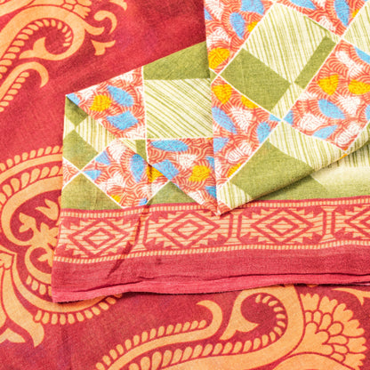 Sanskriti Vintage Green-Red Pure Cotton Sarees 5+ YD Fabric Floral Printed Sari