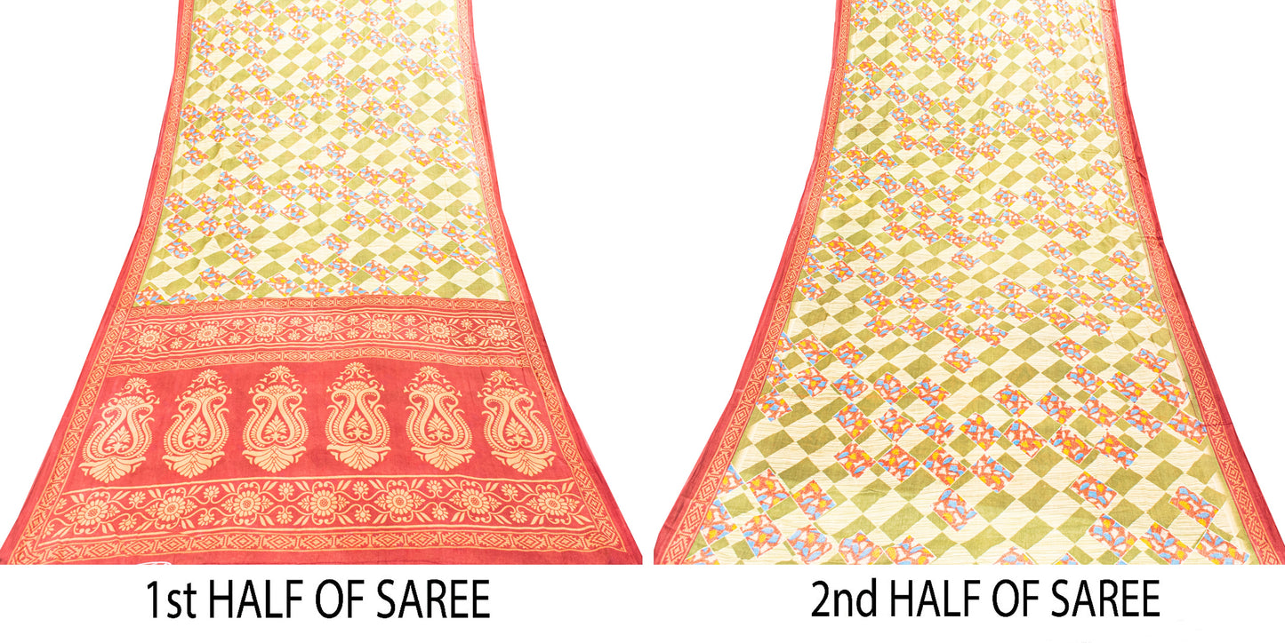 Sanskriti Vintage Green-Red Pure Cotton Sarees 5+ YD Fabric Floral Printed Sari