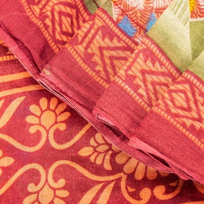 Sanskriti Vintage Green-Red Pure Cotton Sarees 5+ YD Fabric Floral Printed Sari
