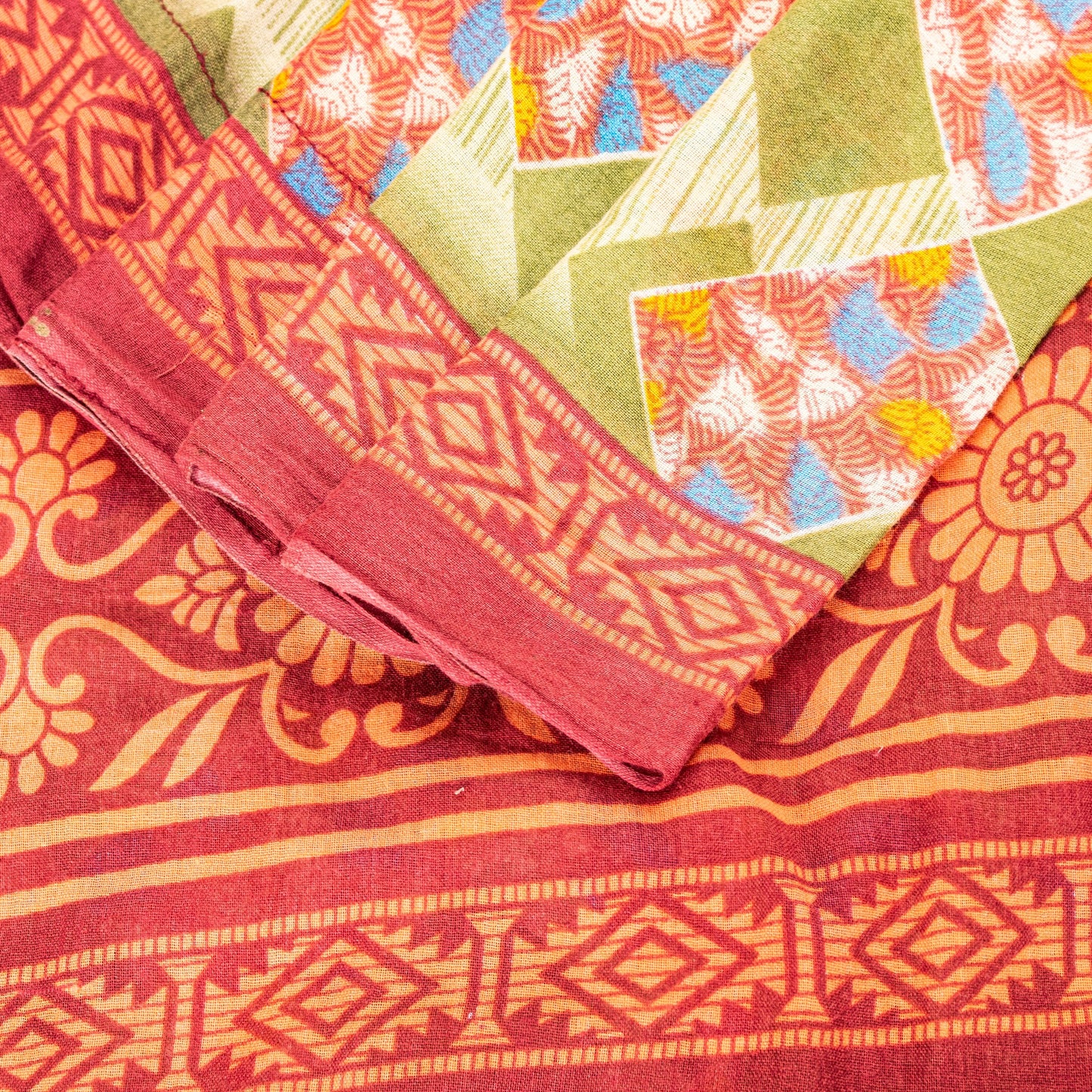 Sanskriti Vintage Green-Red Pure Cotton Sarees 5+ YD Fabric Floral Printed Sari