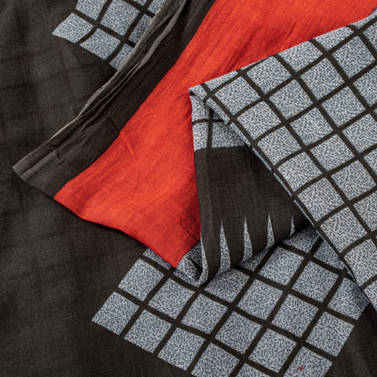 Sanskriti Vintage Gray-Black Pure Cotton Sarees 5.5+YD Fabric Geometric Printed