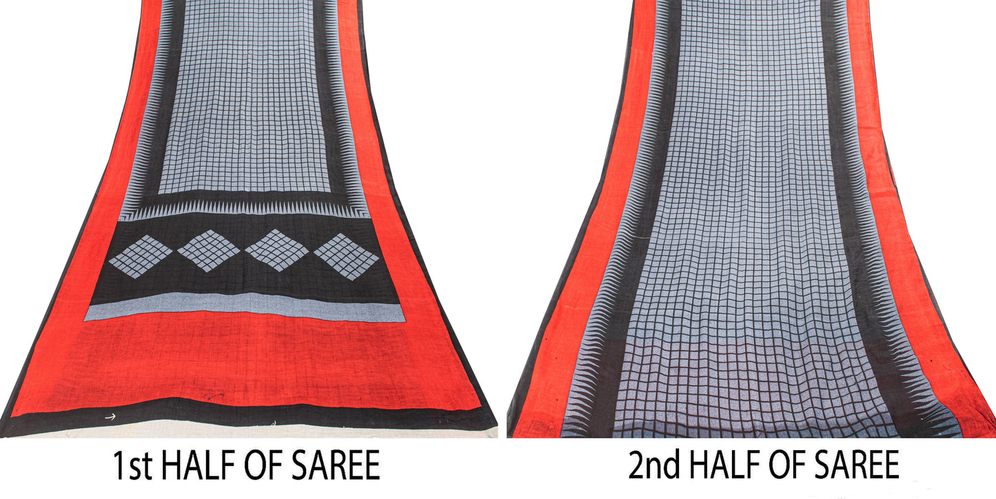 Sanskriti Vintage Gray-Black Pure Cotton Sarees 5.5+YD Fabric Geometric Printed