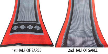 Sanskriti Vintage Gray-Black Pure Cotton Sarees 5.5+YD Fabric Geometric Printed