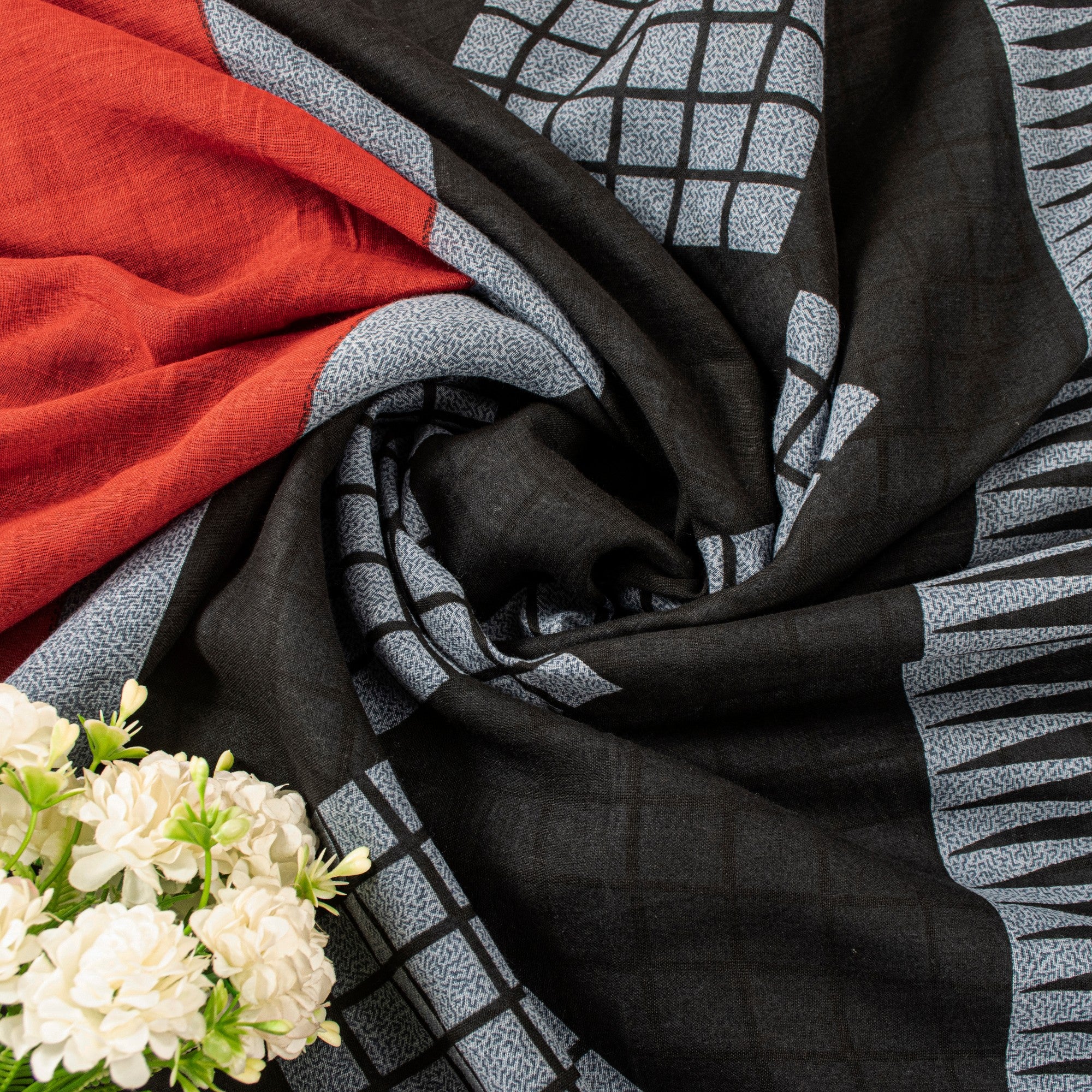 Sanskriti Vintage Gray-Black Pure Cotton Sarees 5.5+YD Fabric Geometric Printed