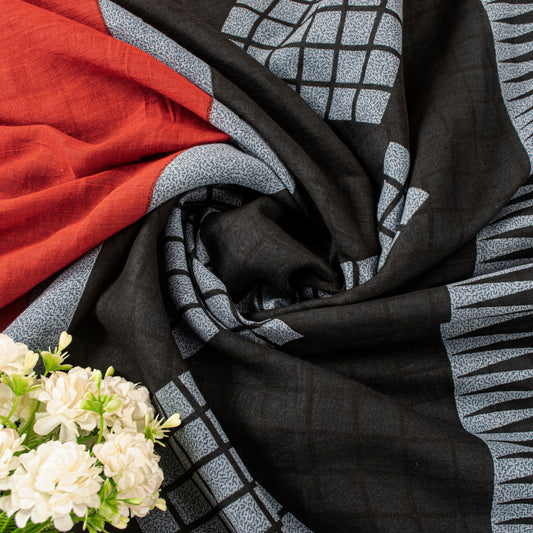 Sanskriti Vintage Gray-Black Pure Cotton Sarees 5.5+YD Fabric Geometric Printed