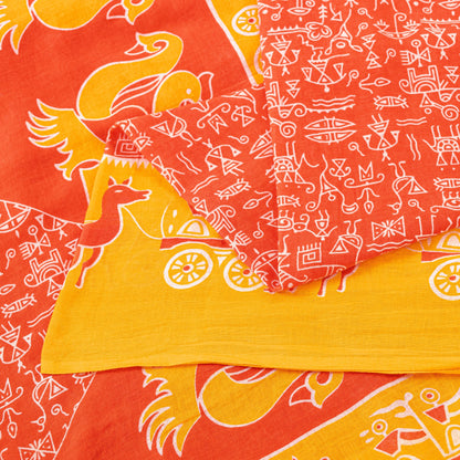 Sanskriti Vintage Orange-Yellow Pure Cotton Sarees 5+YD Fabric Warli Art Printed