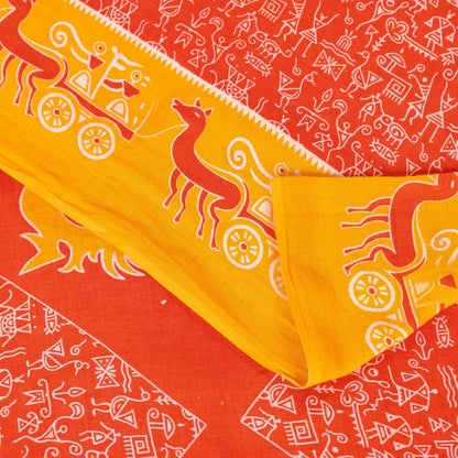 Sanskriti Vintage Orange-Yellow Pure Cotton Sarees 5+YD Fabric Warli Art Printed