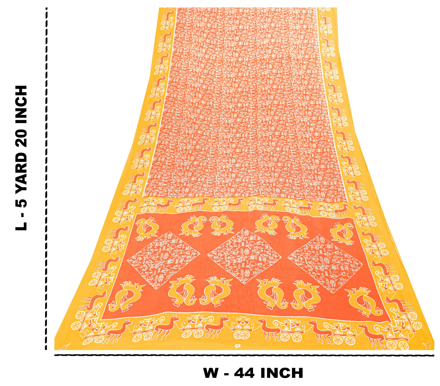 Sanskriti Vintage Orange-Yellow Pure Cotton Sarees 5+YD Fabric Warli Art Printed