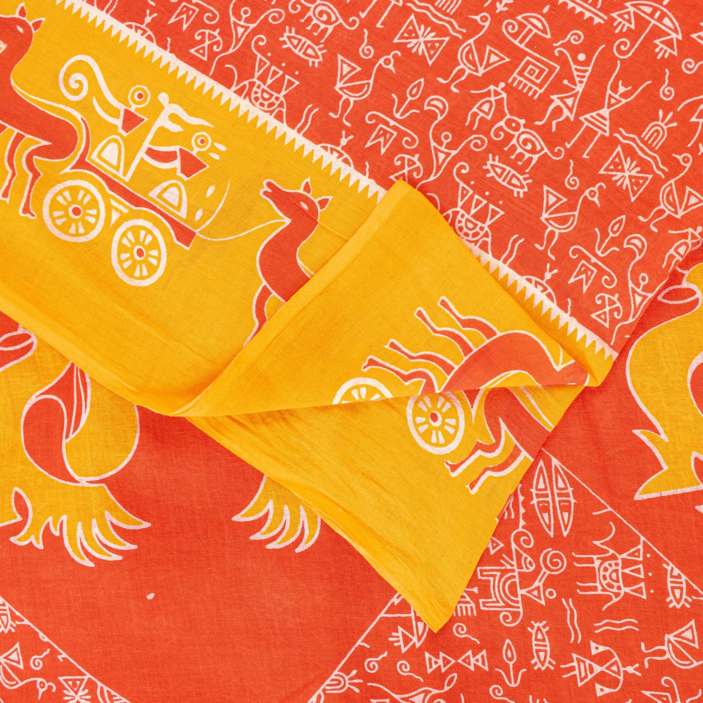 Sanskriti Vintage Orange-Yellow Pure Cotton Sarees 5+YD Fabric Warli Art Printed