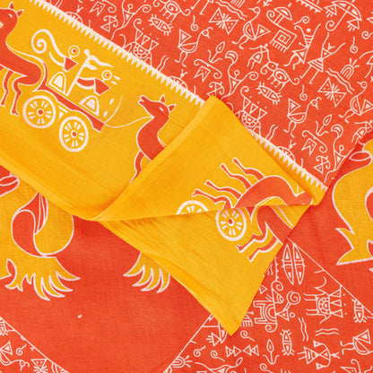 Sanskriti Vintage Orange-Yellow Pure Cotton Sarees 5+YD Fabric Warli Art Printed