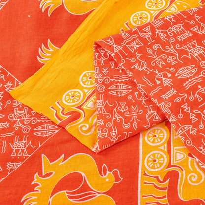 Sanskriti Vintage Orange-Yellow Pure Cotton Sarees 5+YD Fabric Warli Art Printed