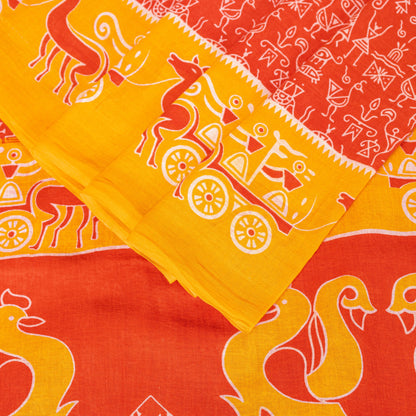 Sanskriti Vintage Orange-Yellow Pure Cotton Sarees 5+YD Fabric Warli Art Printed