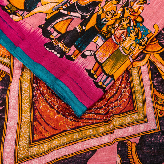 Sanskriti Vintage Pink Pure Cotton Sarees Procession Digital Print 5+YD Fabric