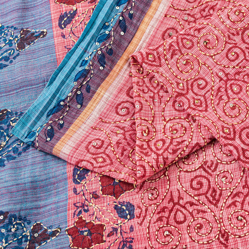 Sanskriti Vintage Red Pure Cotton Sarees Hand EmbroideryKantha Block Print 5.5Yd