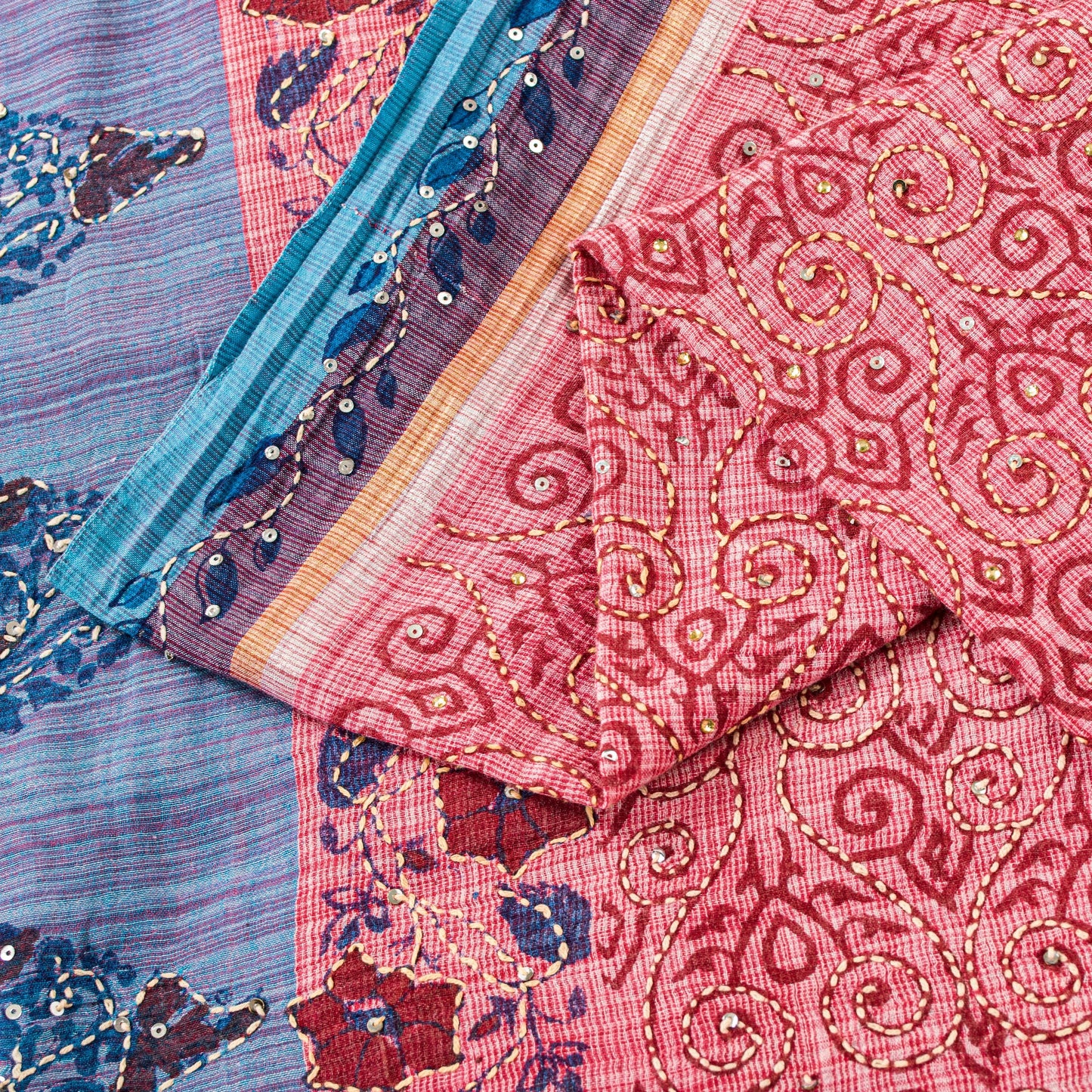 Sanskriti Vintage Red Pure Cotton Sarees Hand EmbroideryKantha Block Print 5.5Yd