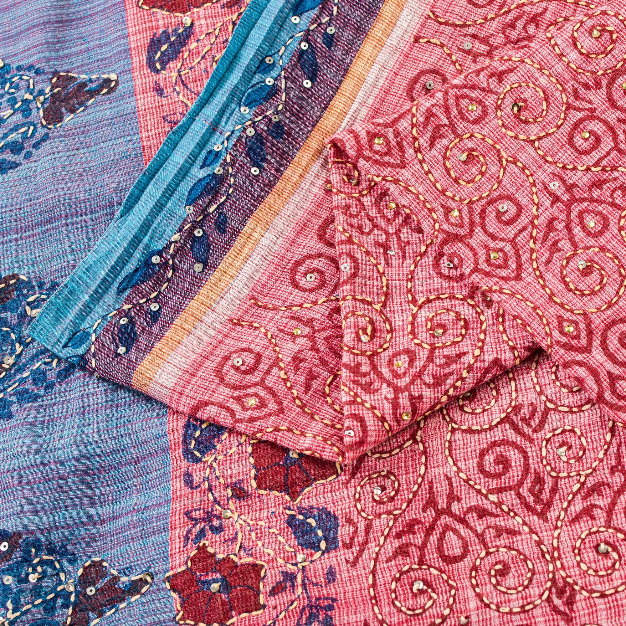 Sanskriti Vintage Red Pure Cotton Sarees Hand EmbroideryKantha Block Print 5.5Yd