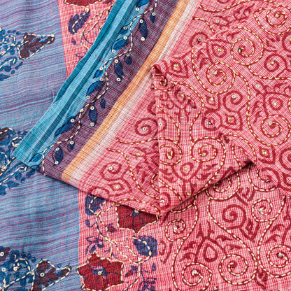 Sanskriti Vintage Red Pure Cotton Sarees Hand EmbroideryKantha Block Print 5.5Yd