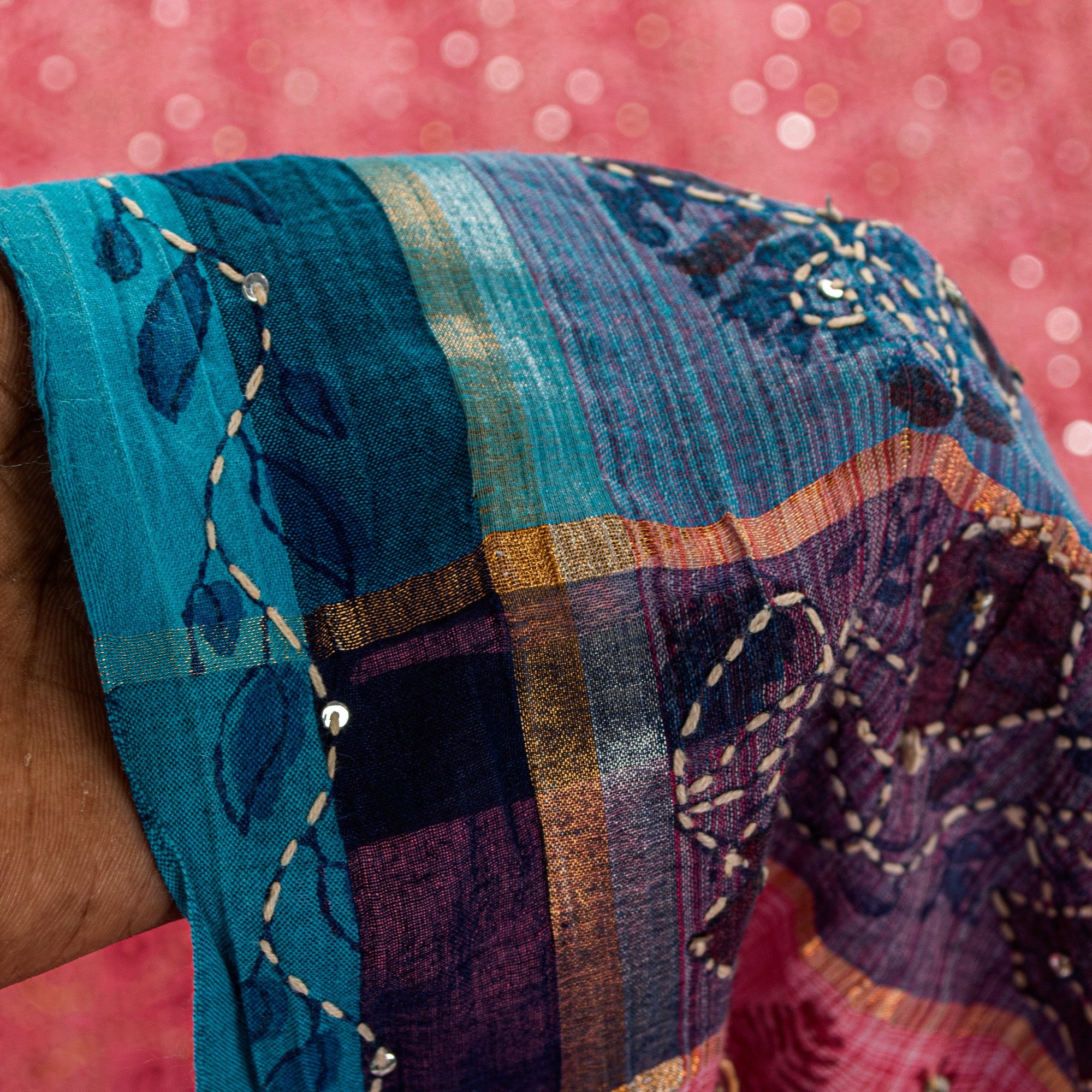 Sanskriti Vintage Red Pure Cotton Sarees Hand EmbroideryKantha Block Print 5.5Yd