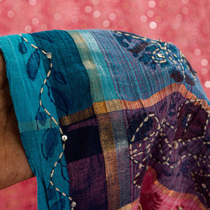 Sanskriti Vintage Red Pure Cotton Sarees Hand EmbroideryKantha Block Print 5.5Yd